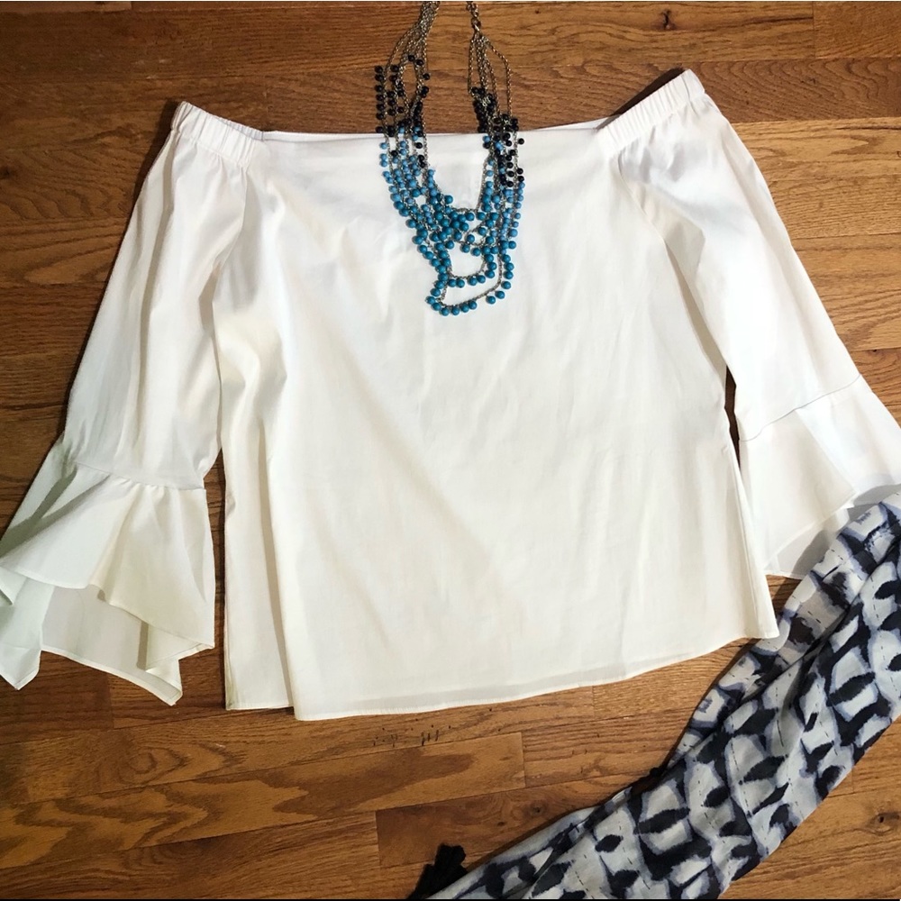 WhiteHouse BlackMarket - White Off Shoulder, Bell Sleeve Top - Size Large